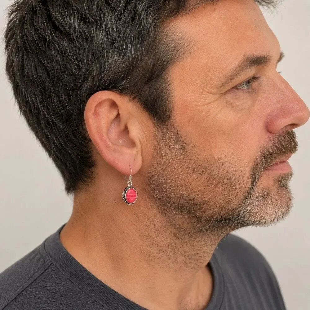 Balinese Style Coral Red Stone Drop Earrings Dark Silver Tone